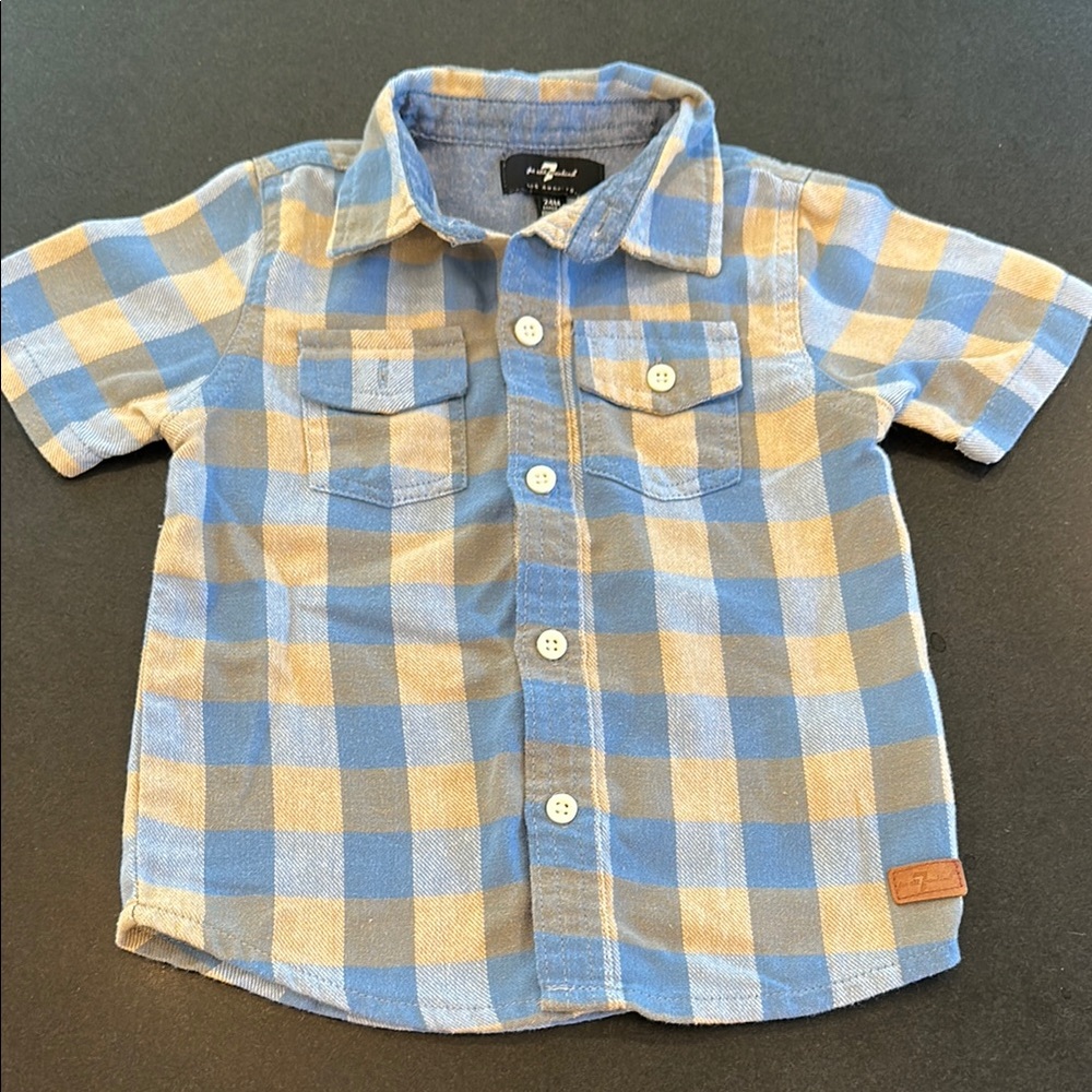 7 For All Mankind Boys Blue and Tan Plaid Short Sleeve Button Up